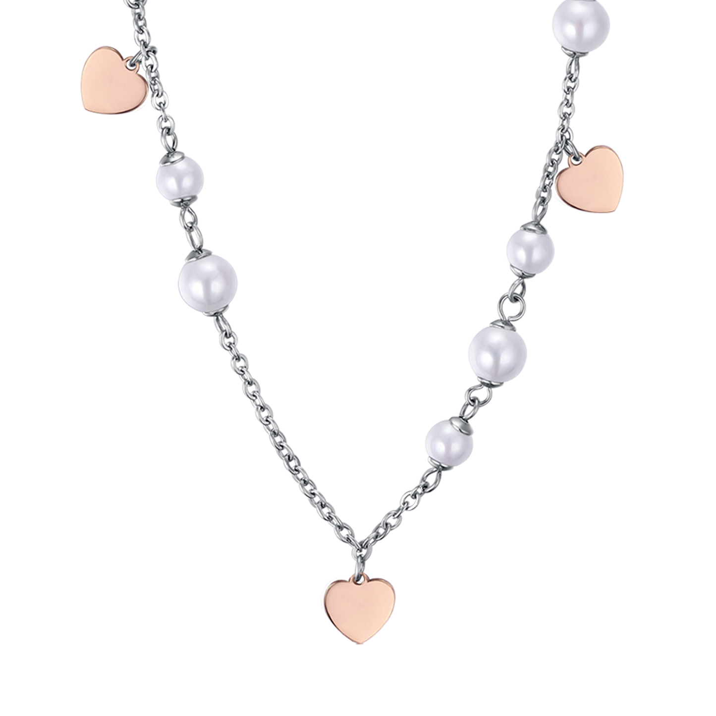 STEEL NECKLACE WITH WHITE PEARLS AND HEARTS IP ROSES