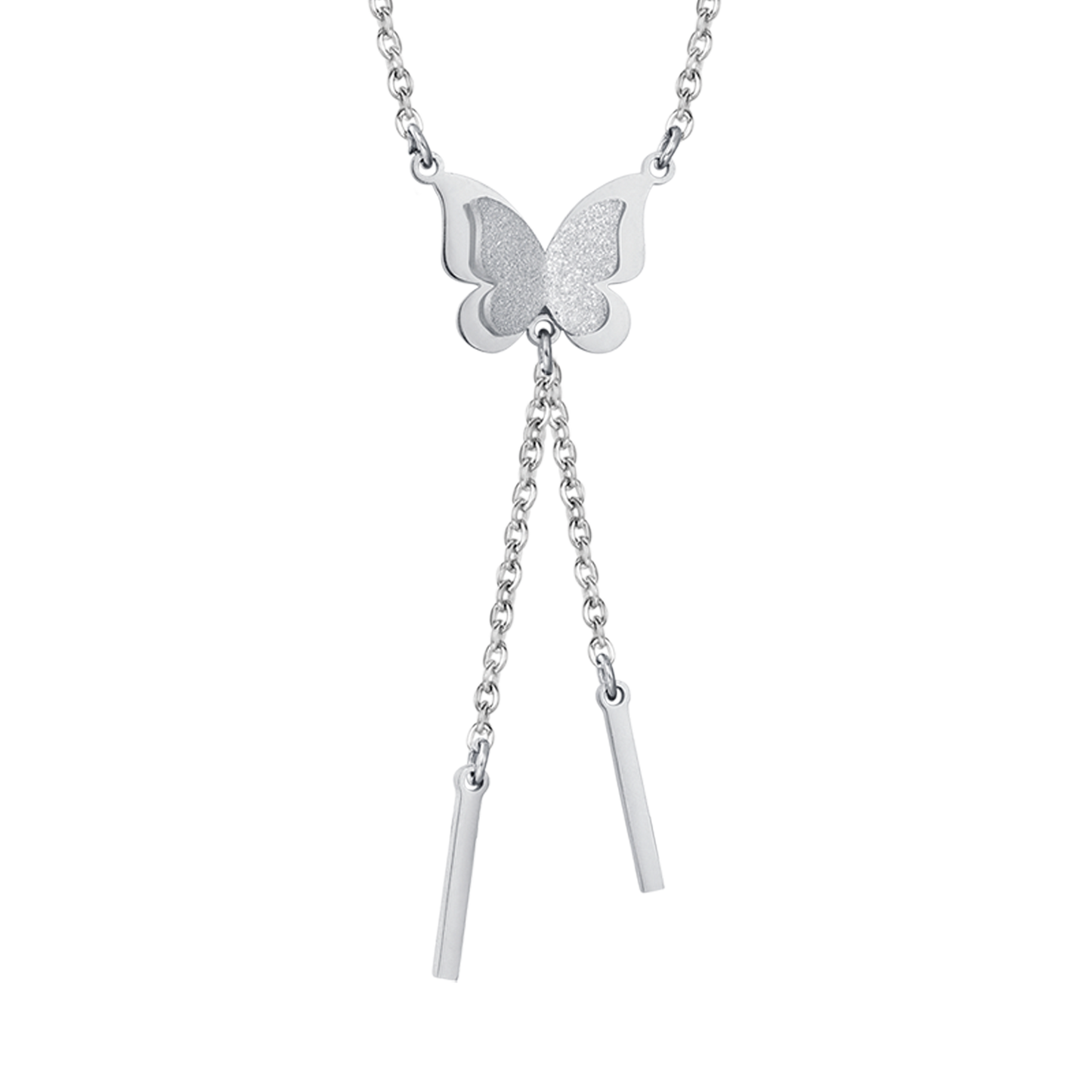 STEEL NECKLACE, BUTTERFLY WITH WHITE GLITTER