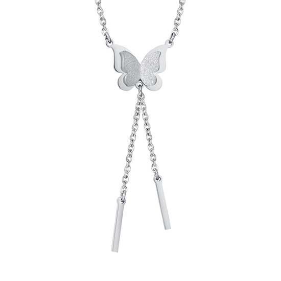 STEEL NECKLACE, BUTTERFLY WITH WHITE GLITTER