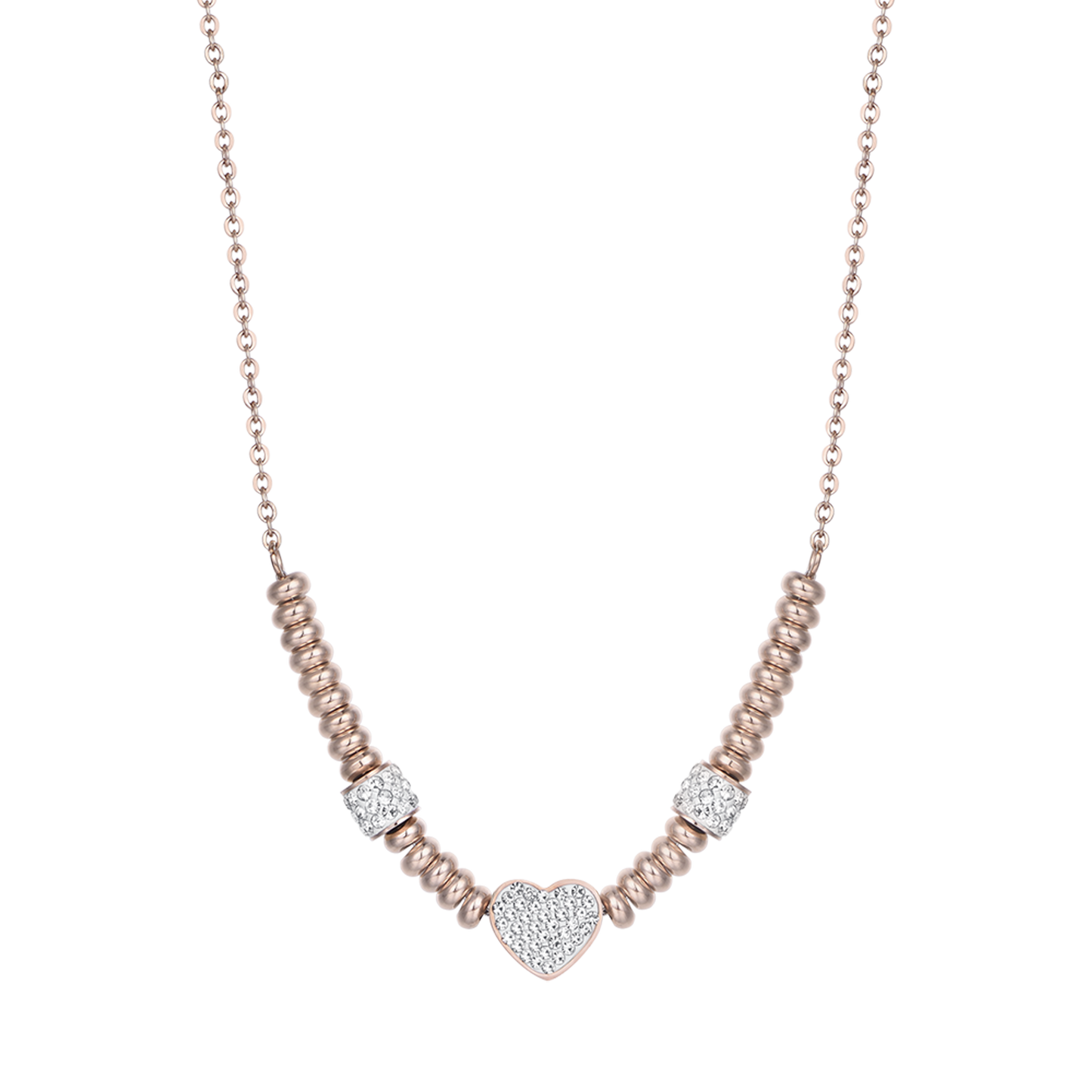 STEEL IP ROSE NECKLACE WITH HEART WITH WHITE CRYSTALS