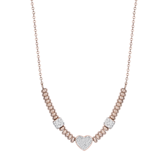 STEEL IP ROSE NECKLACE WITH HEART WITH WHITE CRYSTALS