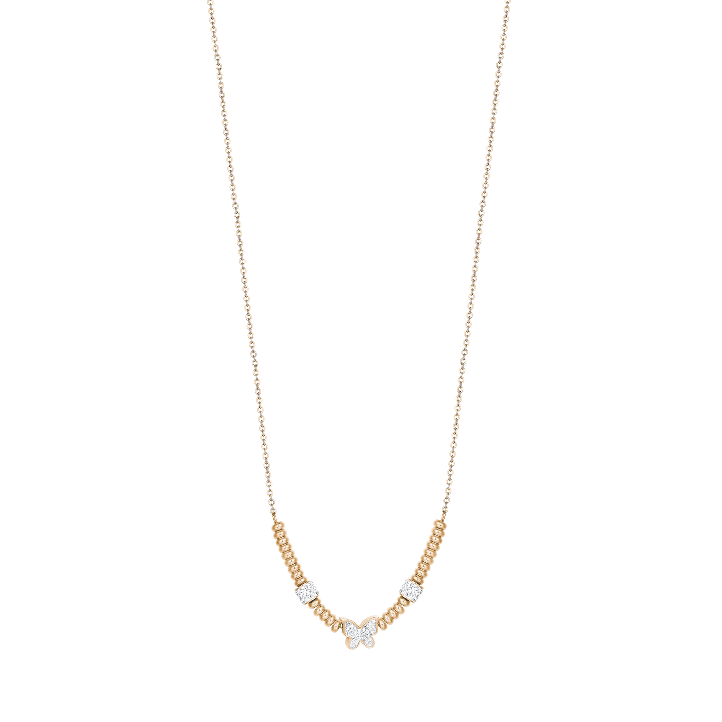 IP GOLD STEEL NECKLACE WITH BUTTERFLY WITH WHITE CRYSTALS