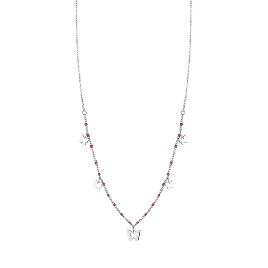 STEEL NECKLACE WITH BUTTERFLIES AND RED STONES