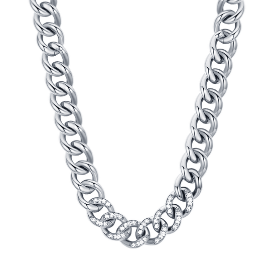 WOMEN'S STEEL CHAIN LINK NECKLACE WITH WHITE CRYSTALS