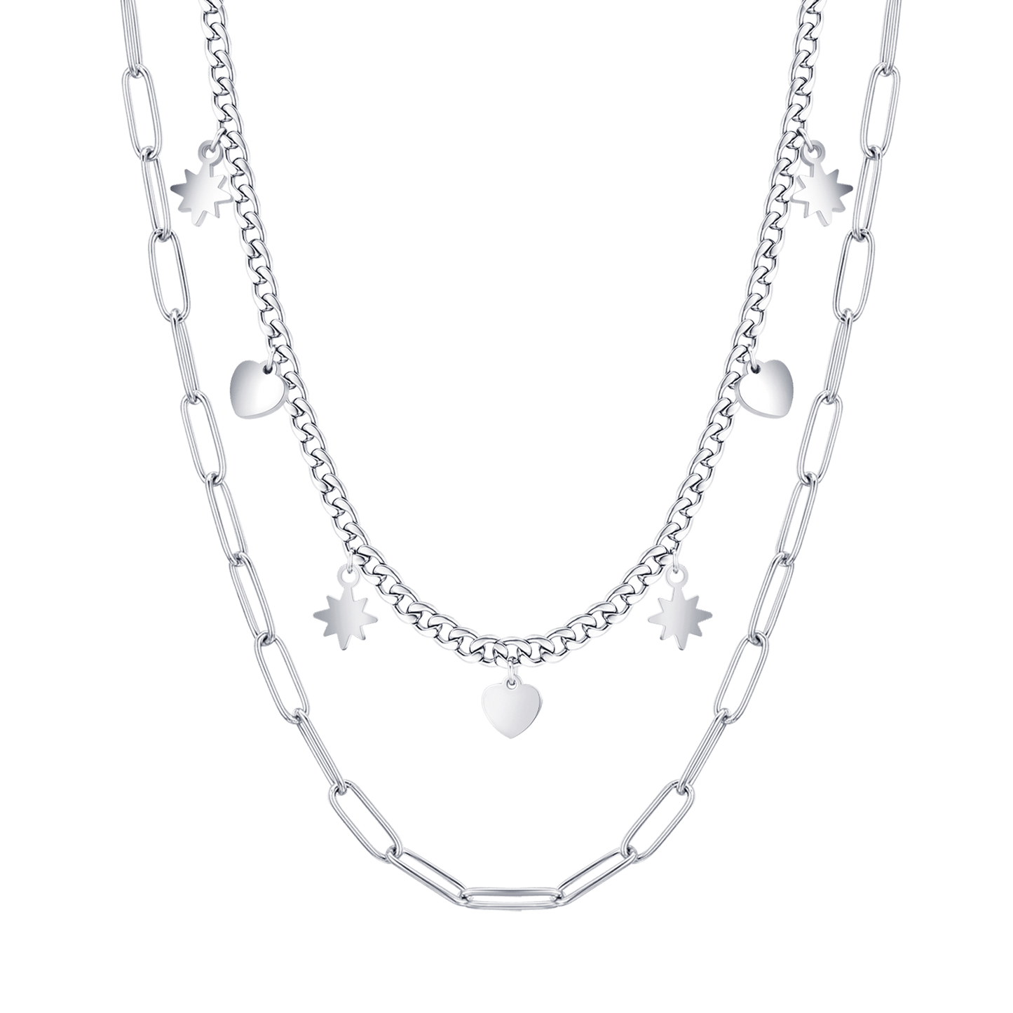 MULTI-STRAND STEEL WOMEN'S NECKLACE WITH STARS AND HEARTS