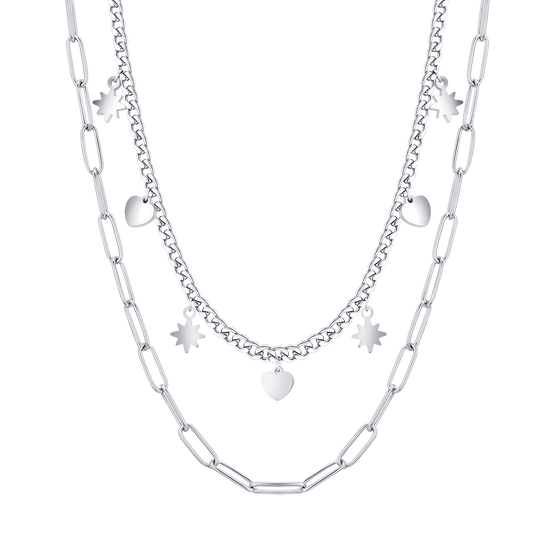 MULTI-STRAND STEEL WOMEN'S NECKLACE WITH STARS AND HEARTS