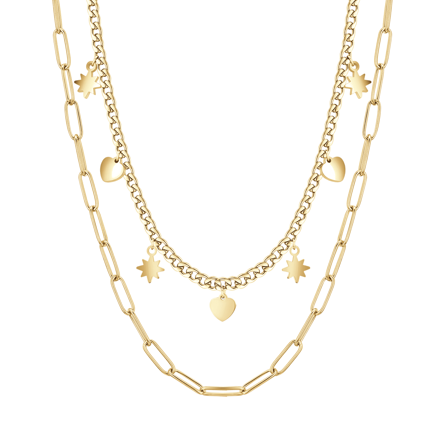 IP GOLD MULTI-STRAND STEEL WOMEN'S NECKLACE WITH STARS AND HEARTS