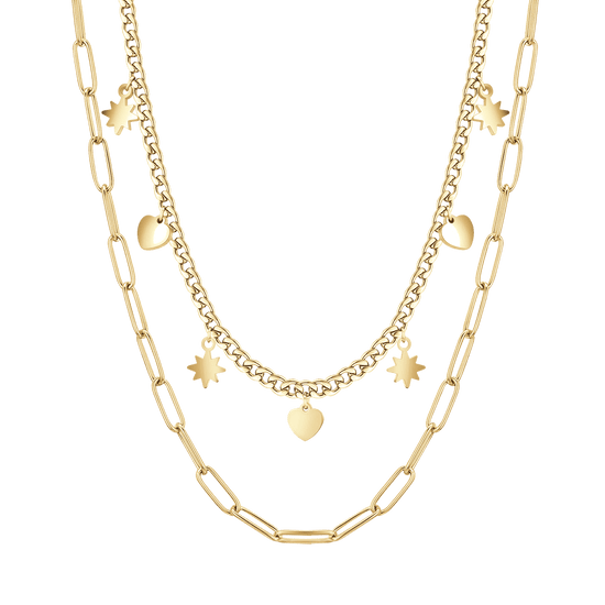 IP GOLD MULTI-STRAND STEEL WOMEN'S NECKLACE WITH STARS AND HEARTS