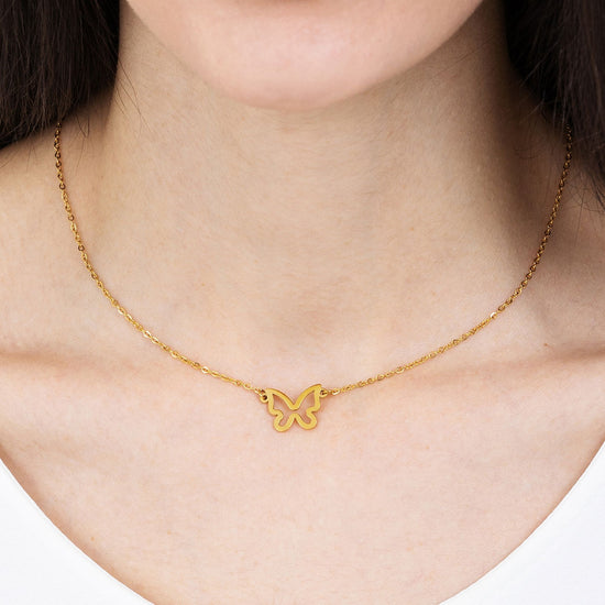 WOMEN'S IP GOLD STEEL NECKLACE WITH GOLD BUTTERFLY