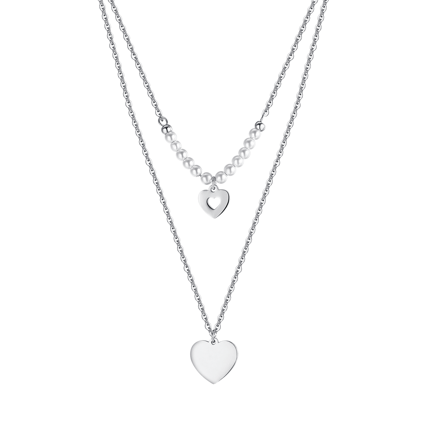 IP GOLD STEEL WOMEN'S NECKLACE WITH HEARTS AND WHITE PEARLS