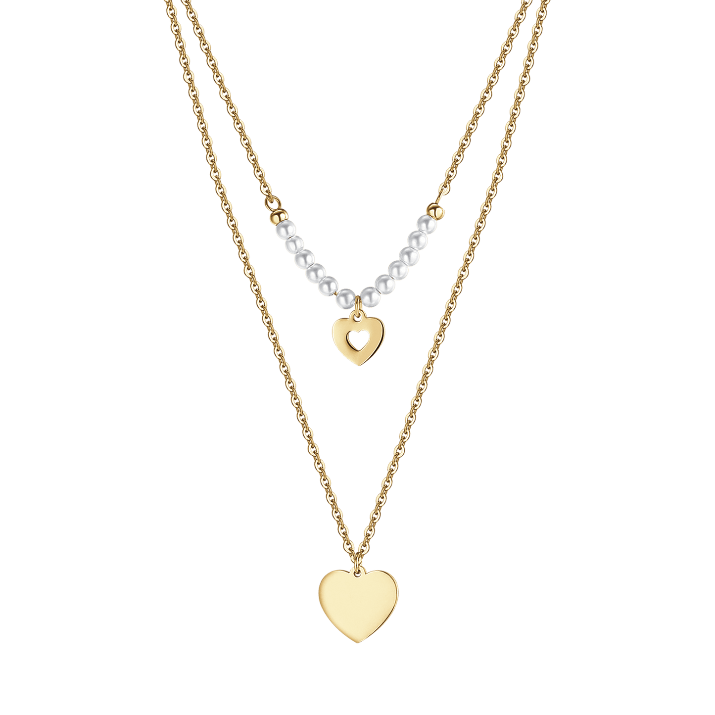 IP GOLD STEEL WOMEN'S NECKLACE WITH HEARTS AND WHITE PEARLS