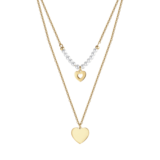 IP GOLD STEEL WOMEN'S NECKLACE WITH HEARTS AND WHITE PEARLS