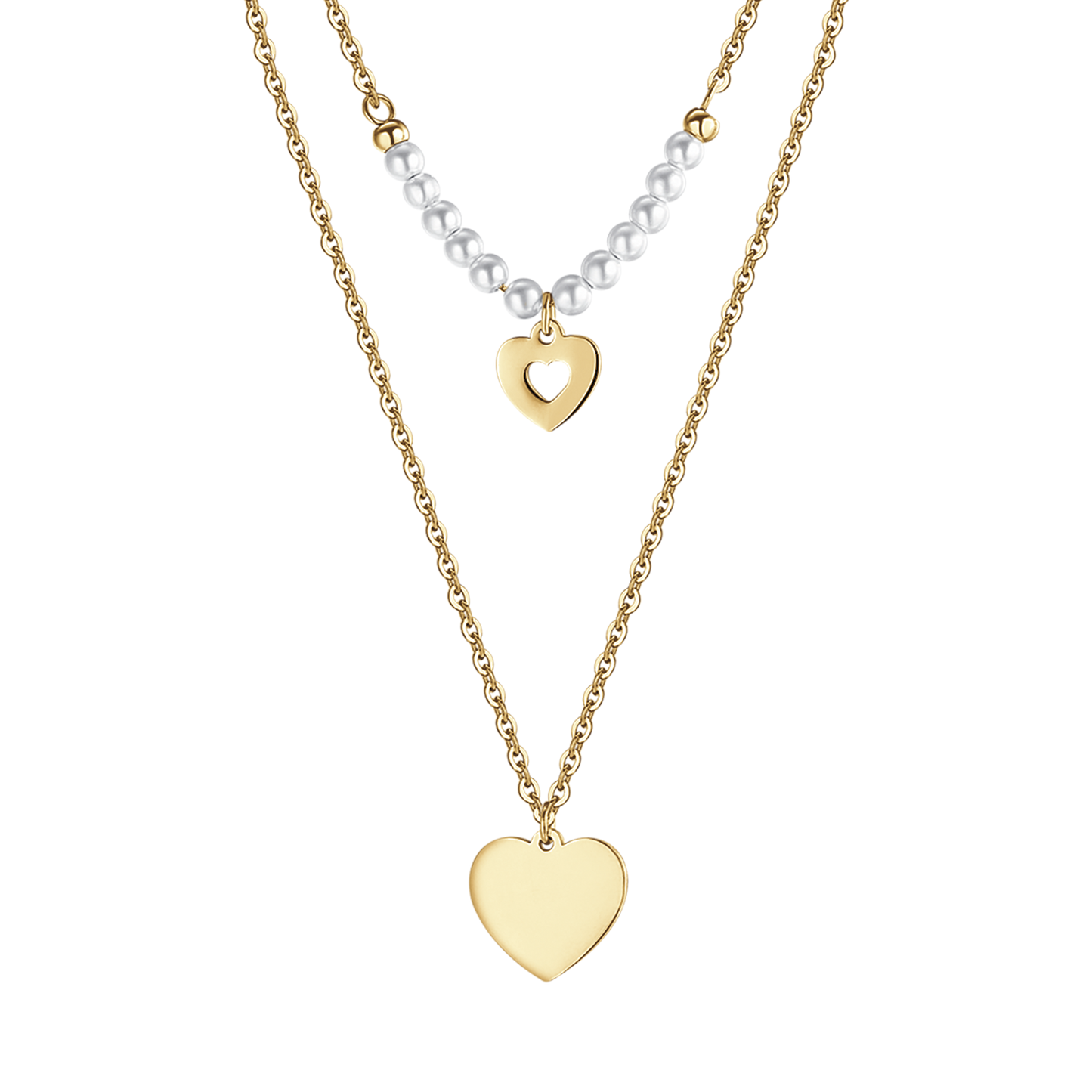 IP GOLD STEEL WOMEN'S NECKLACE WITH HEARTS AND WHITE PEARLS