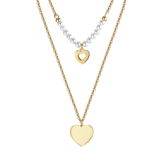 IP GOLD STEEL WOMEN'S NECKLACE WITH HEARTS AND WHITE PEARLS