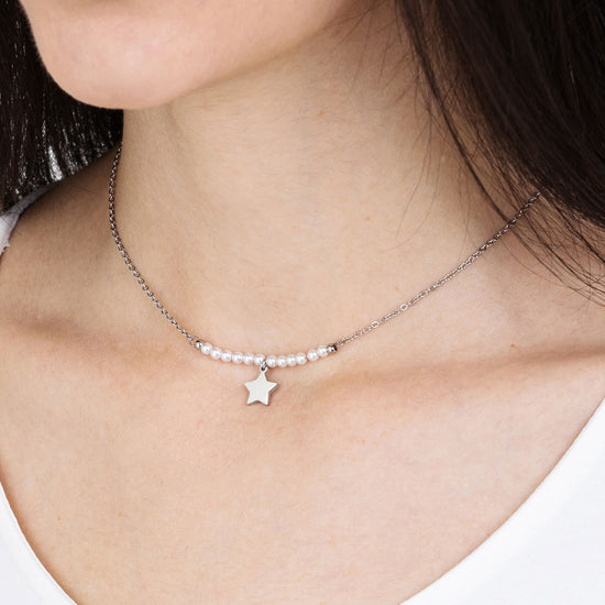 IP GOLD STEEL WOMEN'S NECKLACE WITH STAR AND WHITE PEARLS