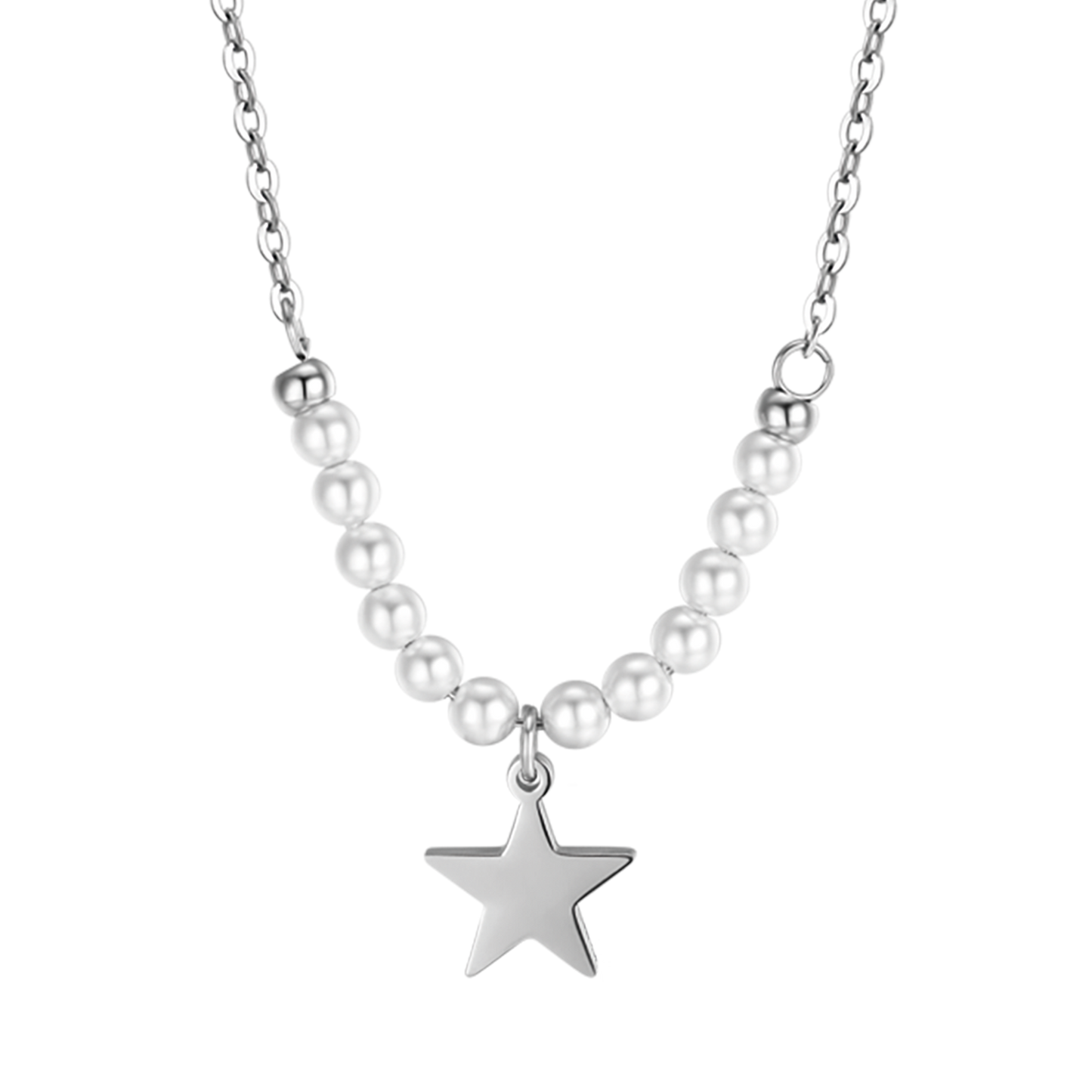 IP GOLD STEEL WOMEN'S NECKLACE WITH STAR AND WHITE PEARLS