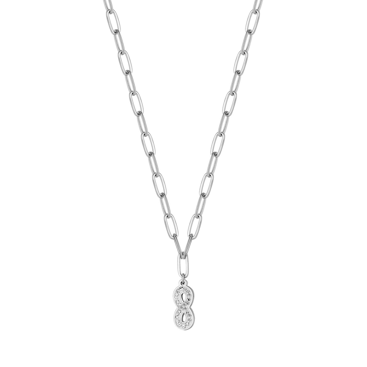 WOMEN'S STEEL NECKLACE WITH INFINITY AND WHITE CRYSTALS AND CHAIN LINK