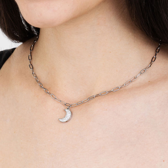 STEEL WOMEN'S NECKLACE WITH MOON AND WHITE CRYSTALS