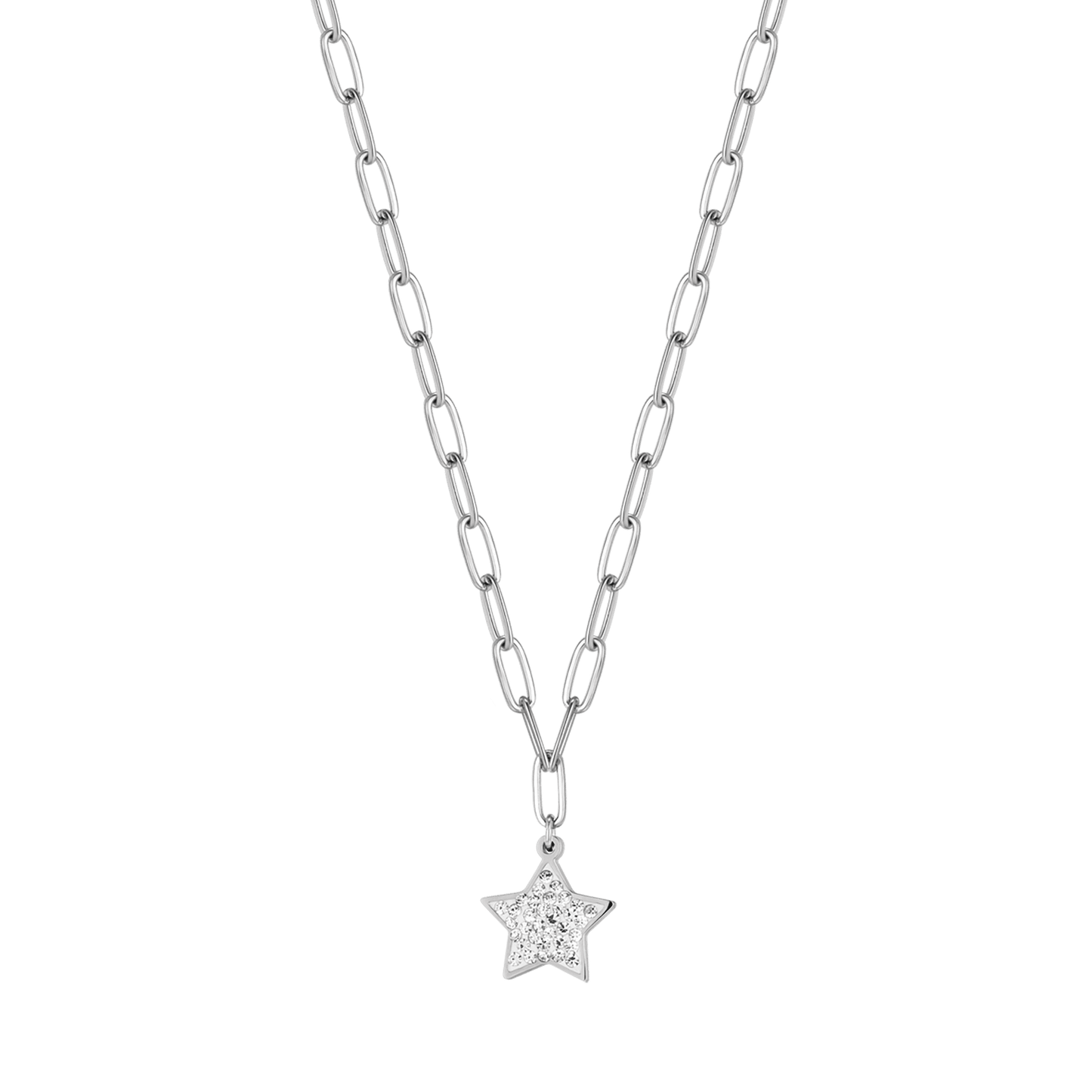 WOMEN'S STEEL NECKLACE WITH STAR AND WHITE CRYSTALS AND CHAIN LINK