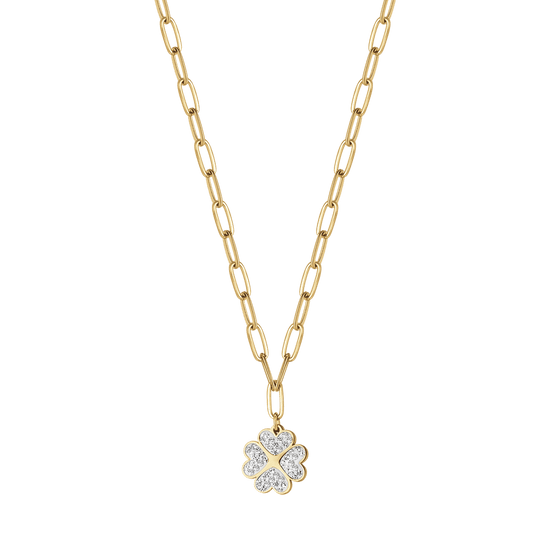 WOMAN'S NECKLACE IN IP GOLD STEEL WITH QUADRIFOGLIO AND WHITE CRYSTALS Luca Barra