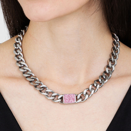 STEEL WOMEN'S NECKLACE WITH FUCHSIA CRYSTALS