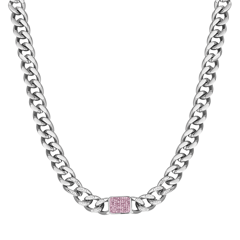 STEEL WOMEN'S NECKLACE WITH FUCHSIA CRYSTALS