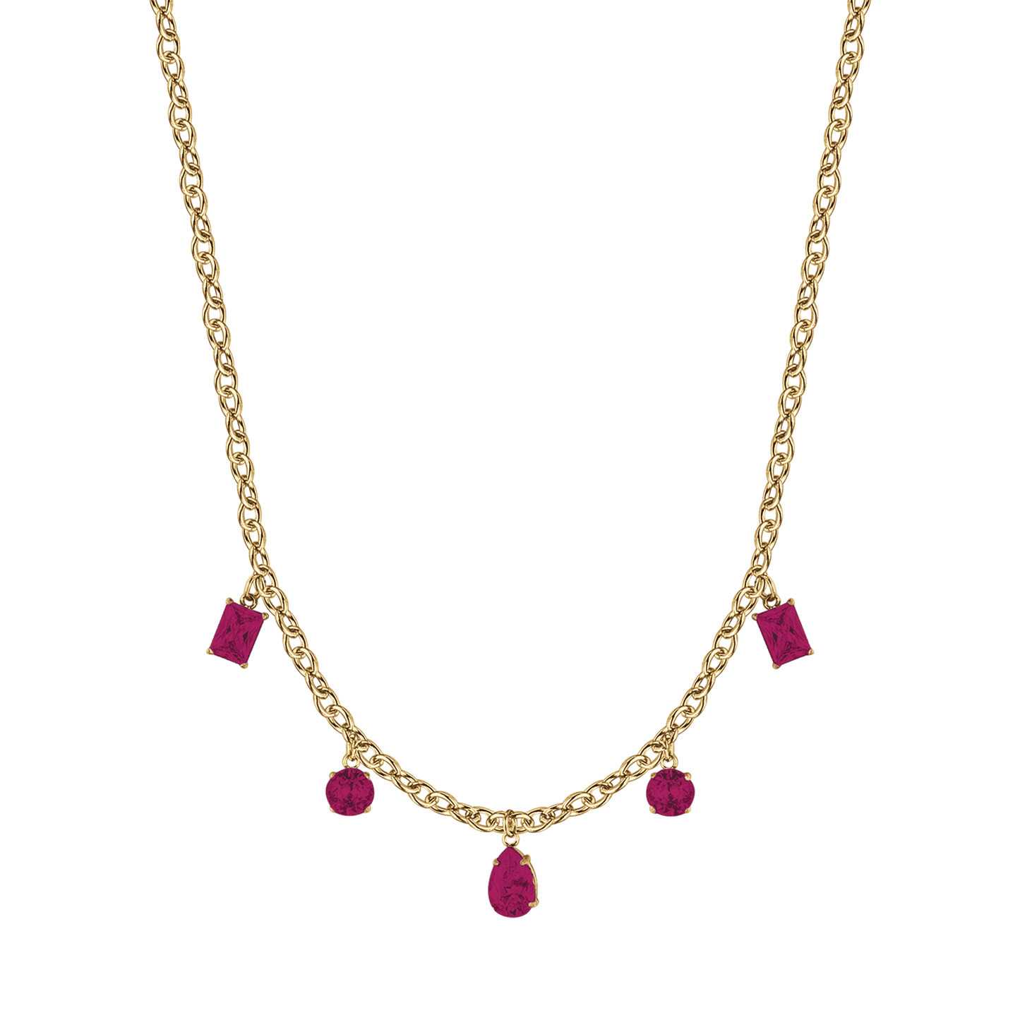 WOMEN'S IP GOLD STEEL NECKLACE WITH FUCHSIA CRYSTALS PENDANTS