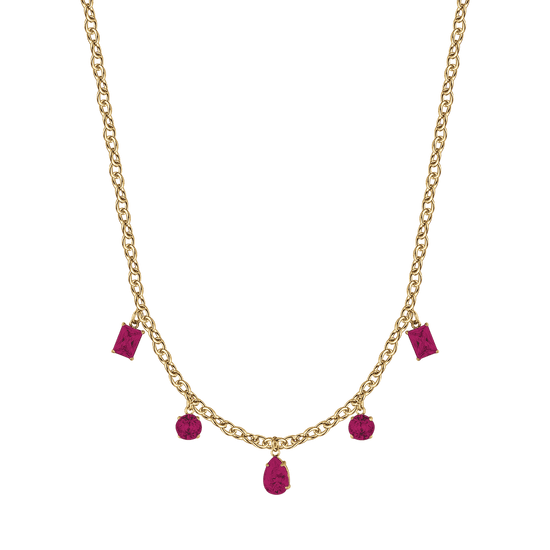 WOMEN'S IP GOLD STEEL NECKLACE WITH FUCHSIA CRYSTALS PENDANTS