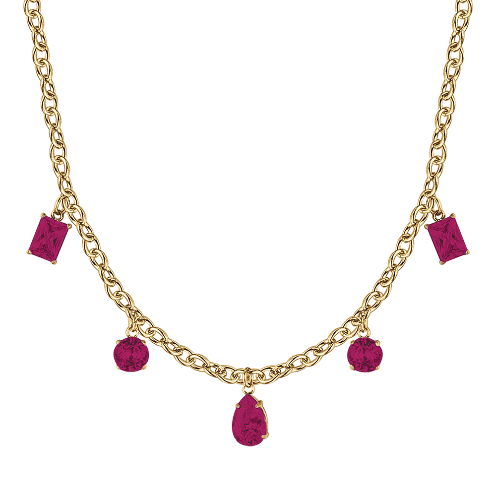 WOMEN'S IP GOLD STEEL NECKLACE WITH FUCHSIA CRYSTALS PENDANTS