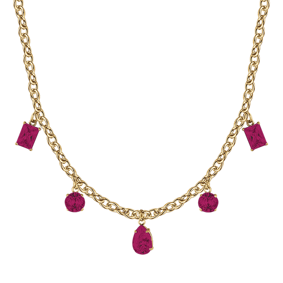 WOMEN'S IP GOLD STEEL NECKLACE WITH FUCHSIA CRYSTALS PENDANTS