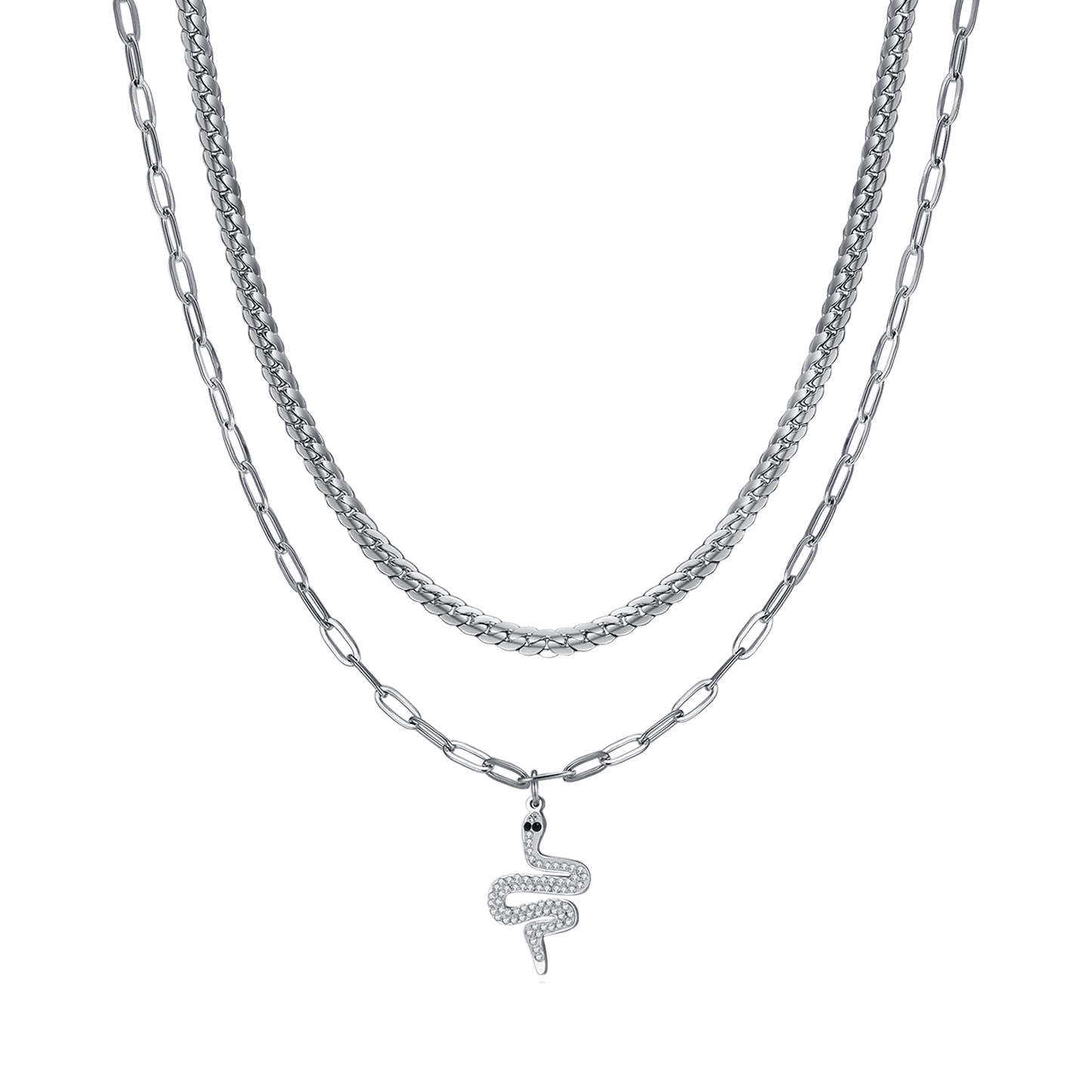 WOMEN'S LONG STEEL BELL NECKLACE WITH WHITE CRYSTALS