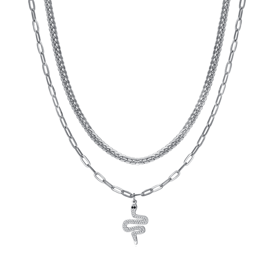 WOMEN'S LONG STEEL BELL NECKLACE WITH WHITE CRYSTALS