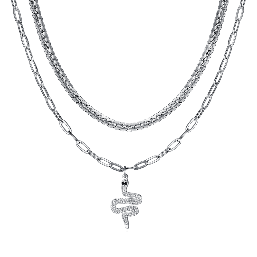 WOMEN'S LONG STEEL BELL NECKLACE WITH WHITE CRYSTALS