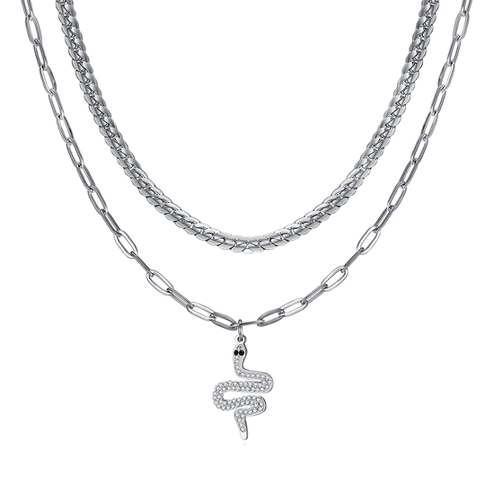 WOMEN'S LONG STEEL BELL NECKLACE WITH WHITE CRYSTALS