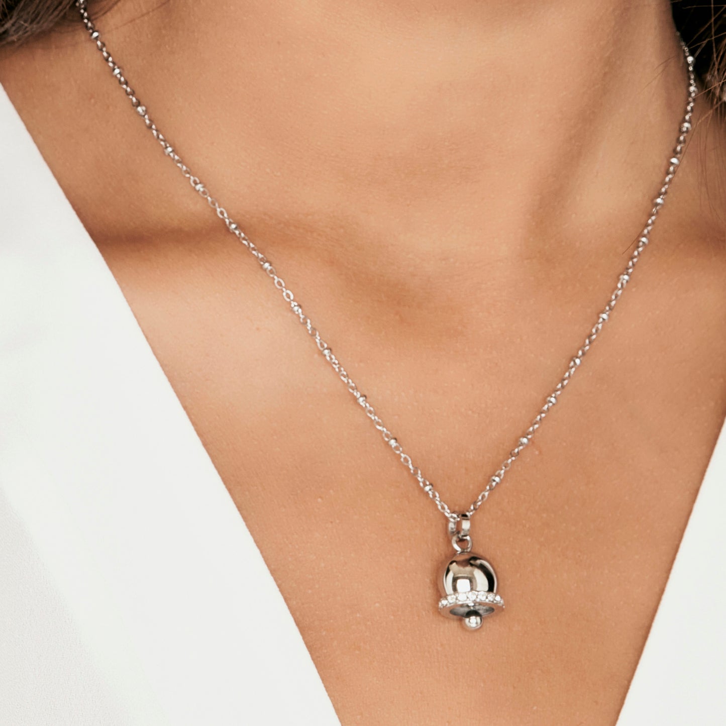 WOMEN'S STEEL BELL NECKLACE WITH WHITE CRYSTALS