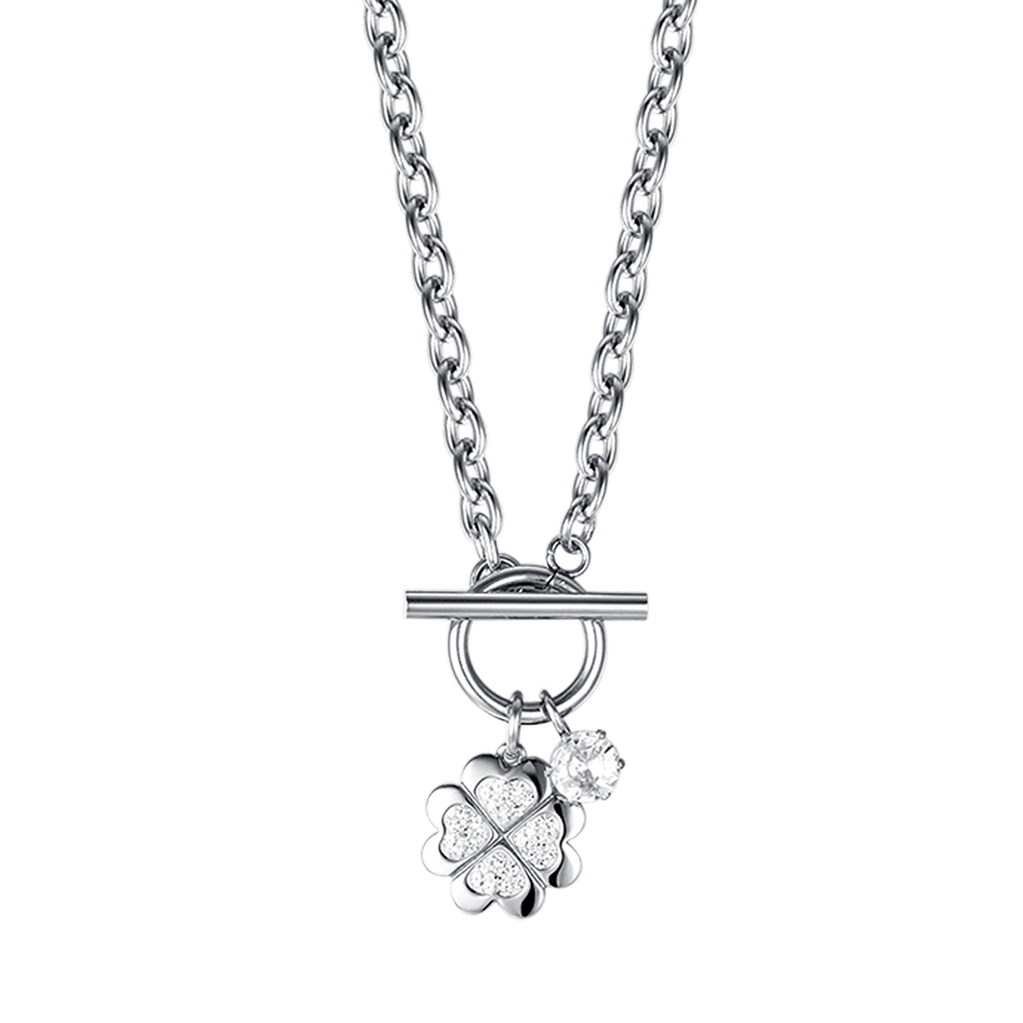 WOMEN'S STEEL CLOVERLEAF NECKLACE WITH WHITE CRYSTALS