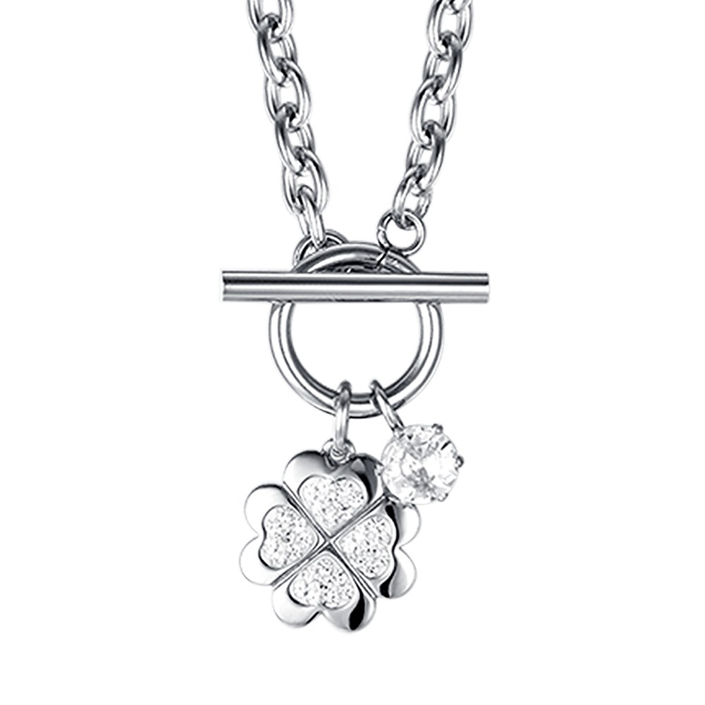 WOMEN'S STEEL CLOVERLEAF NECKLACE WITH WHITE CRYSTALS