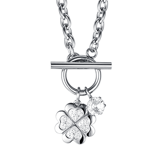 WOMEN'S STEEL CLOVERLEAF NECKLACE WITH WHITE CRYSTALS