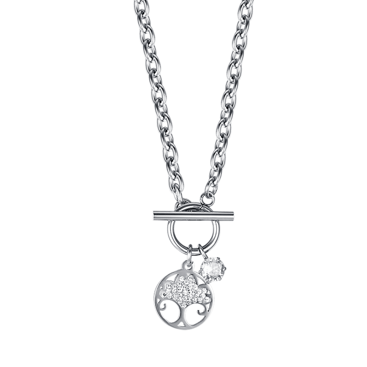 STEEL WOMEN'S TREE OF LIFE NECKLACE WITH WHITE CRYSTALS