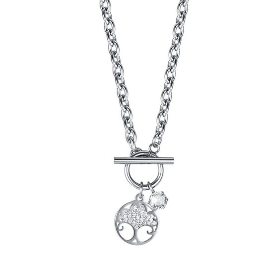 STEEL WOMEN'S TREE OF LIFE NECKLACE WITH WHITE CRYSTALS