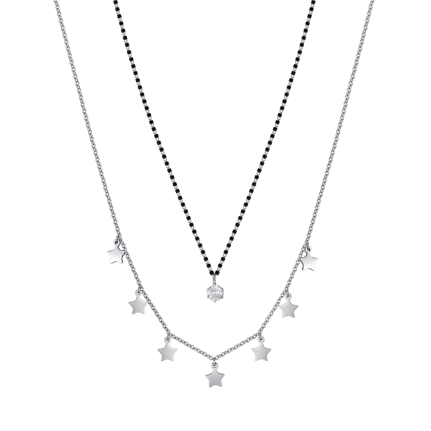 STEEL WOMEN'S NECKLACE WITH STARS, BLACK IP ELEMENTS AND WHITE CRYSTAL