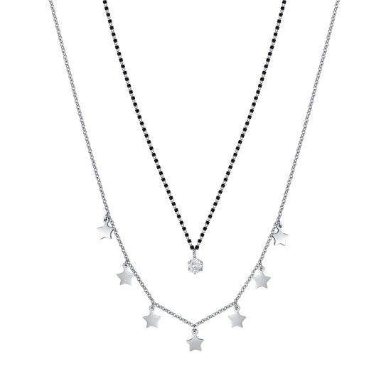 STEEL WOMEN'S NECKLACE WITH STARS, BLACK IP ELEMENTS AND WHITE CRYSTAL