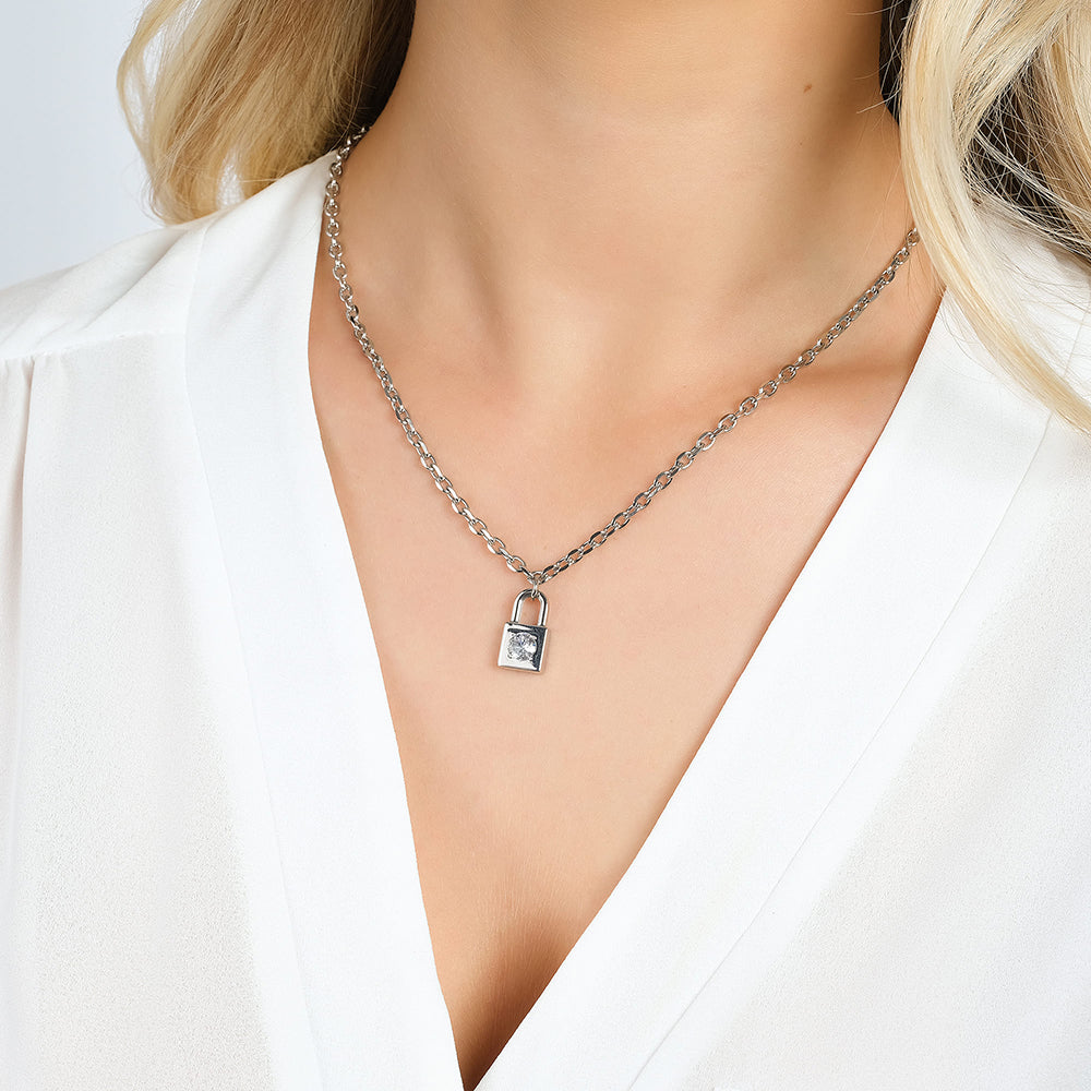 WOMEN'S STEEL PADLOCK NECKLACE WITH WHITE CRYSTAL