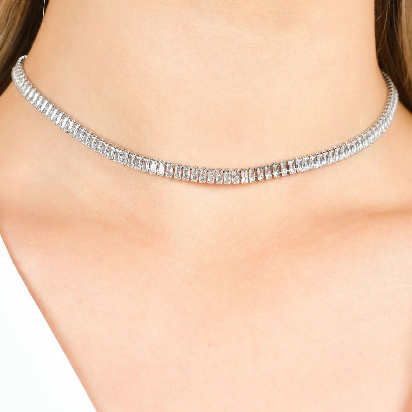 WOMEN'S STEEL TENNIS NECKLACE WITH WHITE BAGUETTE CRYSTALS