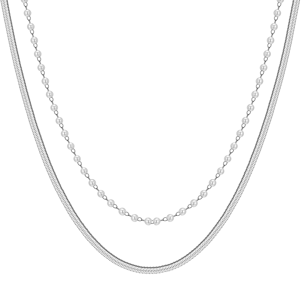 WOMEN'S STEEL NECKLACE WITH WHITE PEARLS