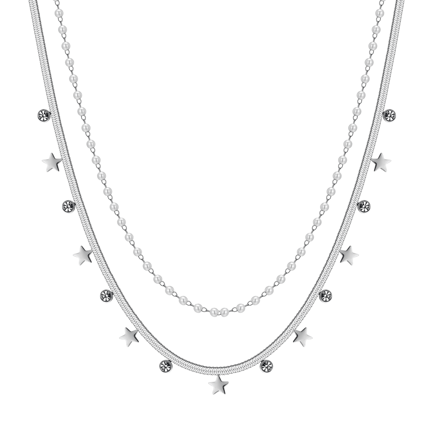 WOMEN'S STEEL NECKLACE WITH WHITE PEARLS, STARS AND CRYSTALS