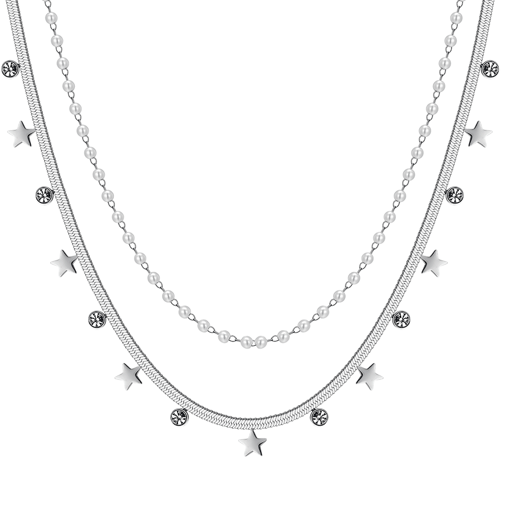 WOMEN'S STEEL NECKLACE WITH WHITE PEARLS, STARS AND CRYSTALS