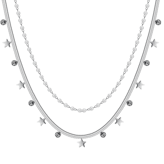 WOMEN'S STEEL NECKLACE WITH WHITE PEARLS, STARS AND CRYSTALS