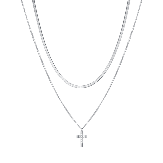 WOMEN'S STEEL CROSS NECKLACE WITH WHITE CRYSTALS