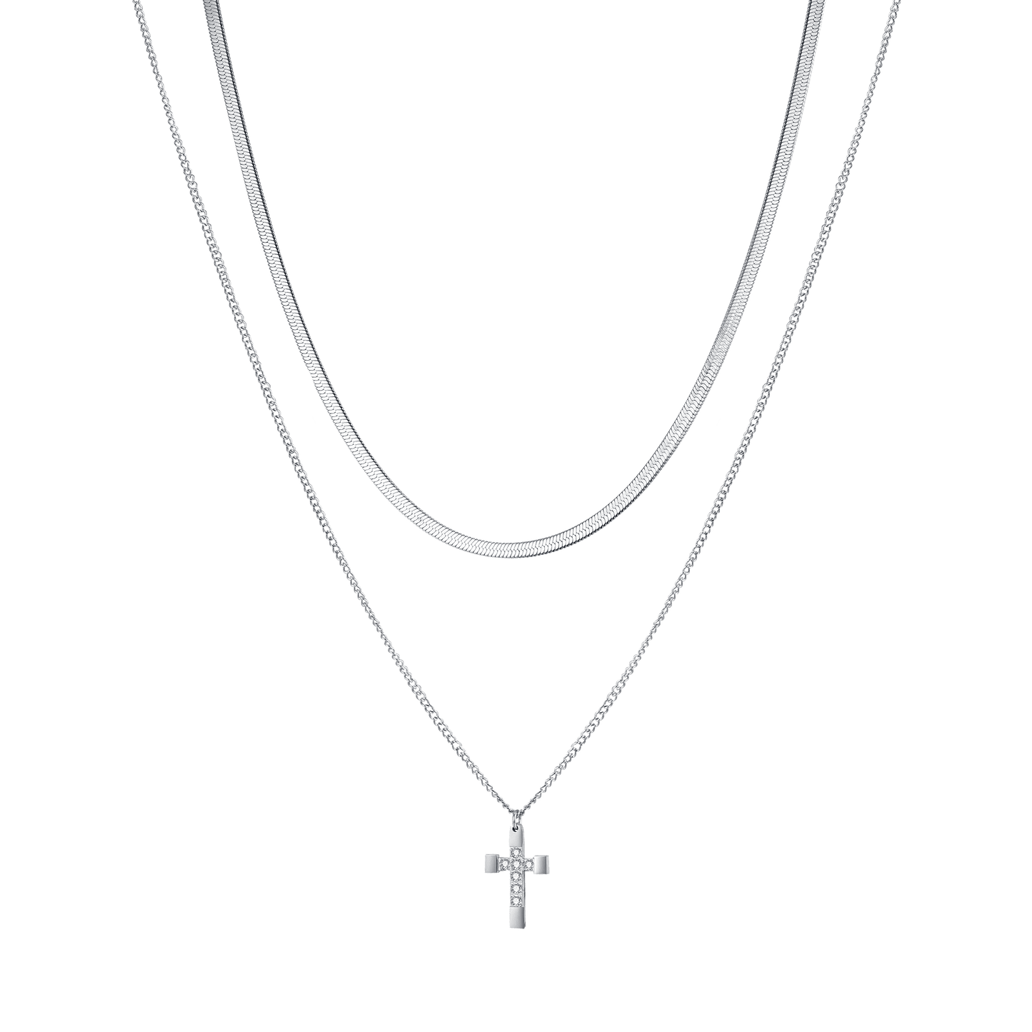 WOMEN'S STEEL CROSS NECKLACE WITH WHITE CRYSTALS